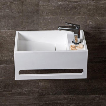 Stone Resin Solid Wall-Hung Bathroom Ramped Sink with Towel Bar in Glossy White